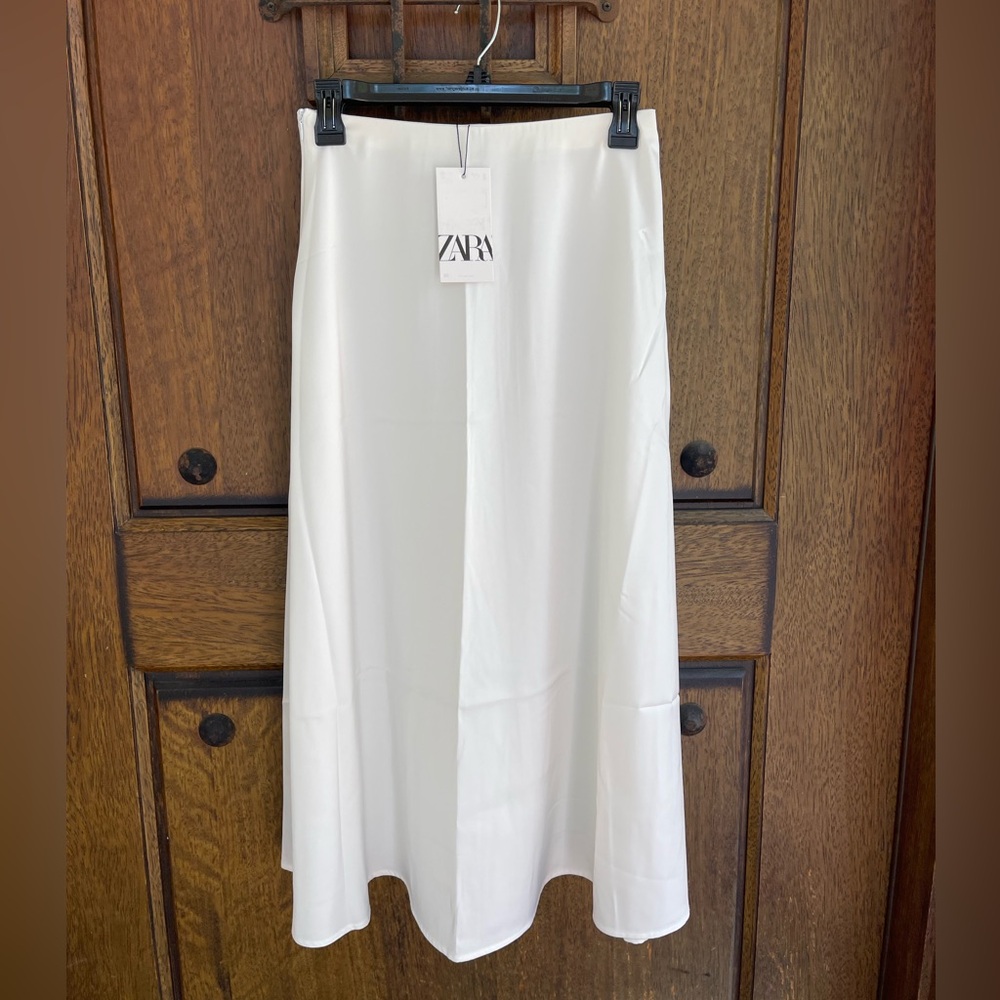 Zara Satin A-Line Midi Skirt in Ivory - Picture 2 of 6